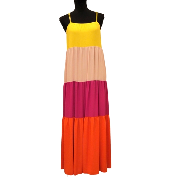 Express Tiered Spaghetti Straps Kriss Kross Back Colorblock Maxi Dress - Picture 11 of 12